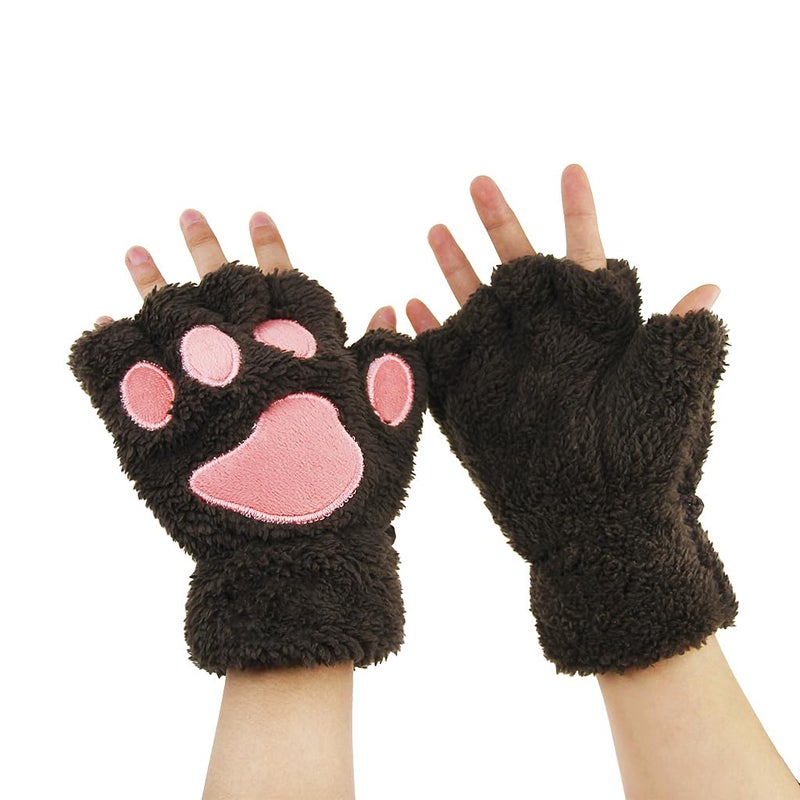 Ylucky Girls Cartoon Bear Claw Gloves Half Finger Paw Gloves Winter Warm Plush Faux Fur Mittens Hand Wear - Image 3